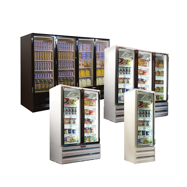 Glass door reach in refrigerators, reach in freezers, open merchandisers, produce merchandisers, ice merchandisers, deli meat, walk in coolers, and walk in freezers are available for restaurants in central Florida at Central Florida Restaurant Supply located in Winter Haven, FL