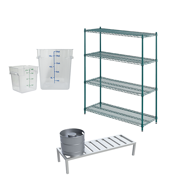 Restaurant food storage containers, shelving, green shelving, wire racks, dunnage racks, walk-in cooler shelving are available Central Florida Restaurant Supply in Winter Haven, Florida