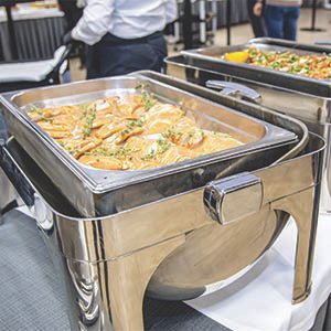 food served at a catering event in a catering buffet pan