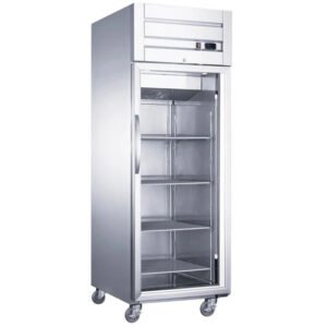 Dukers single door commercial freezer or refrigerator top mount in stainless steel with glass door. Available at Central Florida Restaurant Supply in Winter Haven, FL serving all of Polk County, Lake County, Orange County, Four Corners, and central Florida counties.