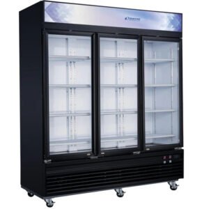3 door glass reach in merchandiser freezer from Dukers. Includes adjustable shelving and on 4 inch casters. Available at Central Florida Restaurant Supply in Winter Haven, FL serving all of Polk County, Lake County, Orange County, Four Corners, and central Florida counties.