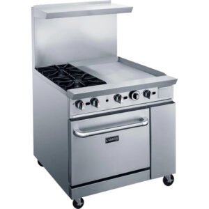 Dukers DCR36-2b24-gm 2 burner range with 24 inch griddle with oven. Available in liquid propane or natural gas. Available at Central Florida Restaurant Supply in Winter Haven, FL serving all of Polk County, Lake County, Orange County, Four Corners, and central Florida counties.