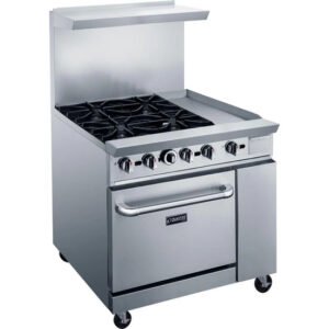 Dukers DCR36-4b12-gm 4 burner range with 12 inch griddle with oven. Available in liquid propane or natural gas. Available at Central Florida Restaurant Supply in Winter Haven, FL serving all of Polk County, Lake County, Orange County, Four Corners, and central Florida counties.