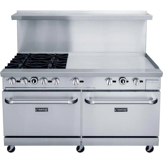 Dukers DCR60-4b36-gm 4 burner range with 36 inch griddle with 2 ovens. Available in liquid propane or natural gas. Available at Central Florida Restaurant Supply in Winter Haven, FL serving all of Polk County, Lake County, Orange County, Four Corners, and central Florida counties.