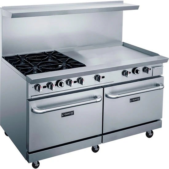Dukers DCR60-4b36-gm 4 burner range with 36 inch griddle with 2 ovens. Available in liquid propane or natural gas. Available at Central Florida Restaurant Supply in Winter Haven, FL serving all of Polk County, Lake County, Orange County, Four Corners, and central Florida counties.