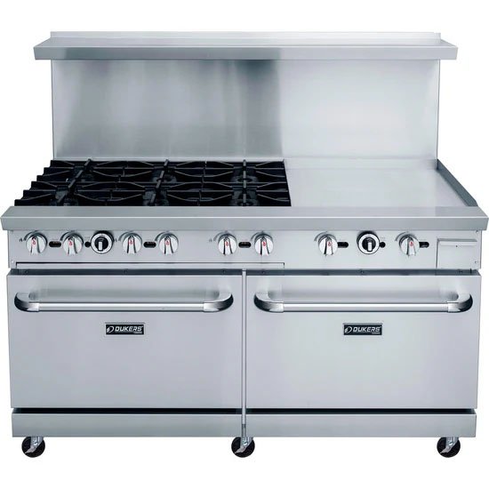 Dukers DCR60-6b24-gm 6 burner range with 24 inch griddle with 2 ovens. Available in liquid propane or natural gas. Available at Central Florida Restaurant Supply in Winter Haven, FL serving all of Polk County, Lake County, Orange County, Four Corners, and central Florida counties.