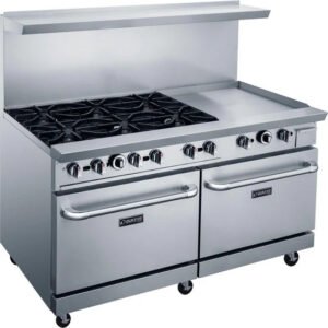 Dukers DCR60-6b24-gm 6 burner range with 24 inch griddle with 2 ovens. Available in liquid propane or natural gas. Available at Central Florida Restaurant Supply in Winter Haven, FL serving all of Polk County, Lake County, Orange County, Four Corners, and central Florida counties.