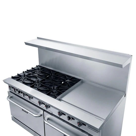 Dukers DCR60-6b24-gm 6 burner range with 24 inch griddle with 2 ovens. Available in liquid propane or natural gas. Available at Central Florida Restaurant Supply in Winter Haven, FL serving all of Polk County, Lake County, Orange County, Four Corners, and central Florida counties.
