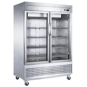 Dukers 3-door commercial freezer or refrigerator in stainless steel with glass doors. Available at Central Florida Restaurant Supply in Winter Haven, FL serving all of Polk County, Lake County, Orange County, Four Corners, and central Florida counties.