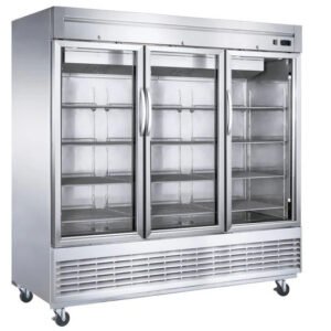Dukers 3-door commercial freezer or refrigerator in stainless steel with glass doors. Available at Central Florida Restaurant Supply in Winter Haven, FL serving all of Polk County, Lake County, Orange County, Four Corners, and central Florida counties.