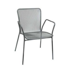 ATSmfg 91G-ARM metal circle perforated top with arms in grey powder coated steel outdoor arm chair armchair for restaurants