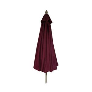 American Tables & Seating (ATS) 9ft commercial patio umbrella in burgandy is durable, featuring aluminum frames and designed for heavy commercial use in outdoor dining. These 9-foot, crank-lift umbrellas are available in red, burgundy and green.