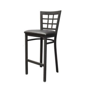 metal barstool with window panel or grid back including a textured black powder coat frame