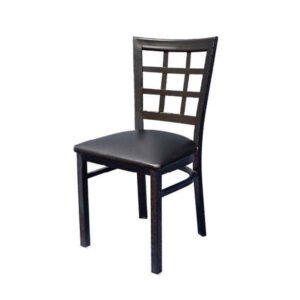 metal chair with window panel or grid back including a textured black powder coat frame
