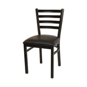 metal ladder back chair with textured black powder coat and padded vinyl seat