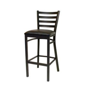 metal ladder back barstool with textured black powder coat and padded vinyl seat