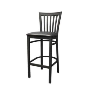 metal barstool with vertical metal bars including a textured black powder coat frame