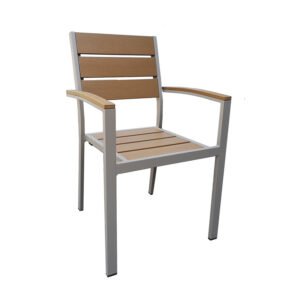 JustChairs Perma-wood Outdoor line's scratch proof texture is always cool to the touch. It is designed wide and comfortable, with easy to carry, flip tops, stackable chairs and a range of sizes including chair height. Faux teak finish with champagne aluminum frame. Outdoor armchair for restaurants, cafe, hotel, and patio.