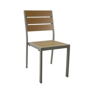 JustChairs Perma-wood Outdoor line's scratch proof texture is always cool to the touch. It is designed wide and comfortable, with easy to carry, flip tops, stackable chairs and a range of sizes including chair height. Faux teak finish with champagne aluminum frame. Outdoor chair for restaurants, cafe, hotel, and patio.