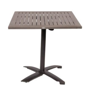 JustChairs Perma-wood Outdoor line's scratch proof texture is always cool to the touch. It is designed wide and comfortable, with easy to carry, flip tops, stackable chairs and a range of sizes including chair height. Gray faux teak finish with champagne aluminum frame. Outdoor table with slats for restaurants, cafe, hotel, and patio.