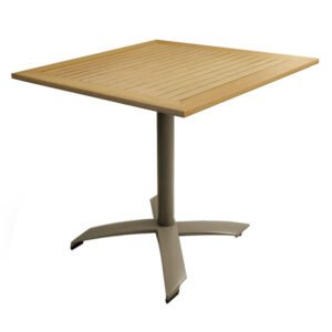 JustChairs Perma-wood Outdoor line's scratch proof texture is always cool to the touch. It is designed wide and comfortable, with easy to carry, flip tops, stackable chairs and a range of sizes including chair height. Faux teak finish with champagne aluminum frame. Outdoor table with slats for restaurants, cafe, hotel, and patio.