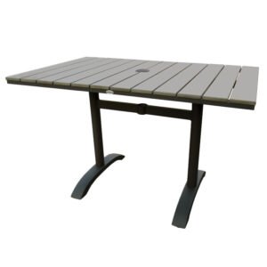 JustChairs Perma-wood Outdoor line's scratch proof texture is always cool to the touch. It is designed wide and comfortable, with easy to carry, flip tops, stackable chairs and a range of sizes including chair height. Gray faux teak finish with champagne aluminum frame. Outdoor table with slats for restaurants, cafe, hotel, and patio.