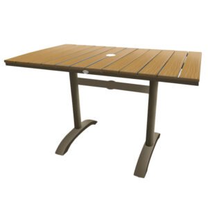 JustChairs Perma-wood Outdoor line's scratch proof texture is always cool to the touch. It is designed wide and comfortable, with easy to carry, flip tops, stackable chairs and a range of sizes including chair height. Faux teak finish with champagne aluminum frame. Outdoor table with slats for restaurants, cafe, hotel, and patio.