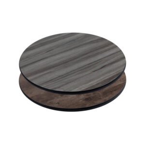 reversable laminate round table top with grey wood over brown wood, 1" thick