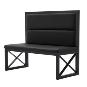 metal frame booth, black vinyl seat and upholstered inside back and upholstered outside back