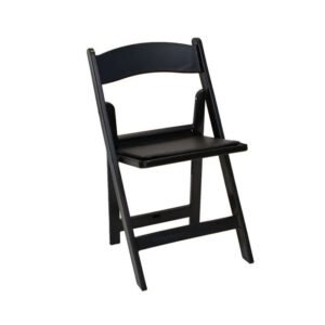 black folding event chair. wedding chair, in resin. plastic event chair. folding chair. folding wedding chair.