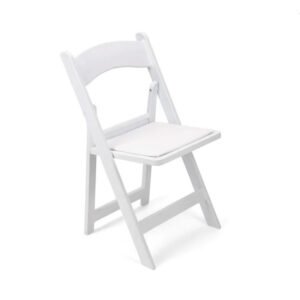 white folding event chair. wedding chair, in resin. plastic event chair. folding chair. folding wedding chair.