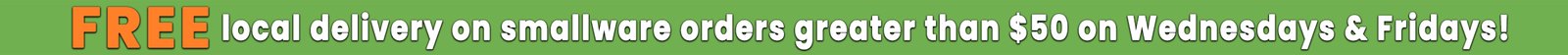 Banner on central florida restaurant supply homepage informing people there is free local delivery on smallware orders greater than $50 on Wednesdays and Fridays