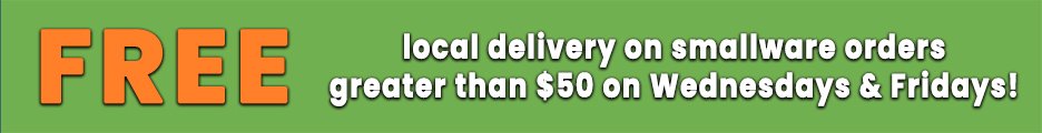 Mobile banner on central florida restaurant supply homepage informing people there is free local delivery on smallware orders greater than $50 on Wednesdays and Fridays