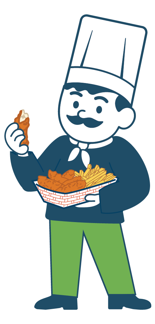 Chef Vinny eating chicken fingers to showcase the deals for September at Central Florida Restaurant Supply.
