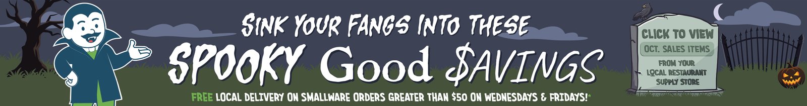 Chef Vinny Dresses as a Vampire with a spooky background for our October 2026 supply deals header.